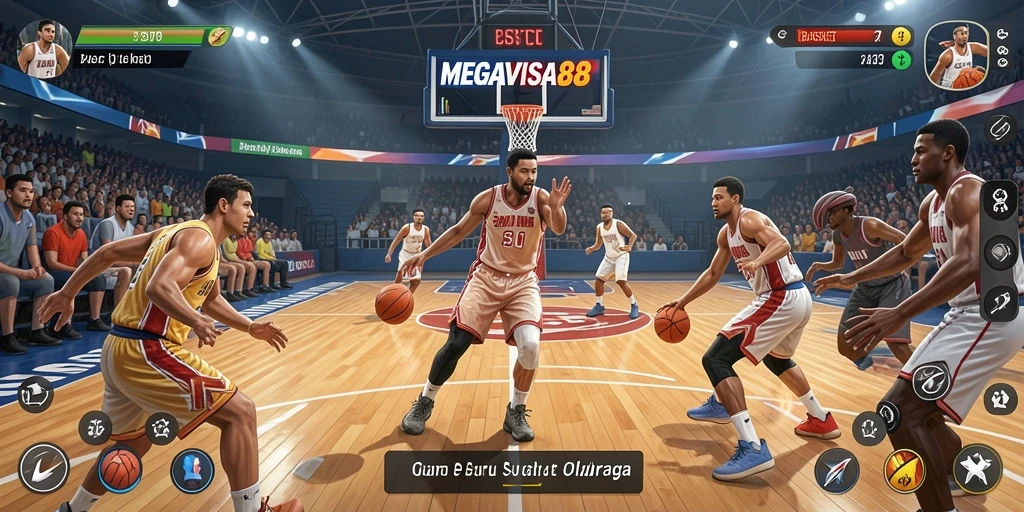 Antarmuka permainan MEGAVISA88 dengan grafis basket yang menarik.
